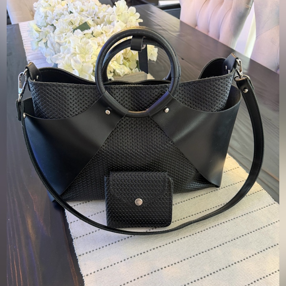 Custom Handcrafted Black Leather Handbag & Wallet set